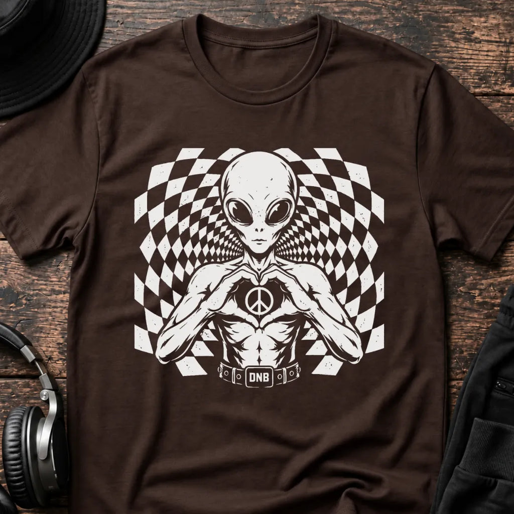 Alien Love Peace DnB T-Shirt flat lay by QUASIKERN