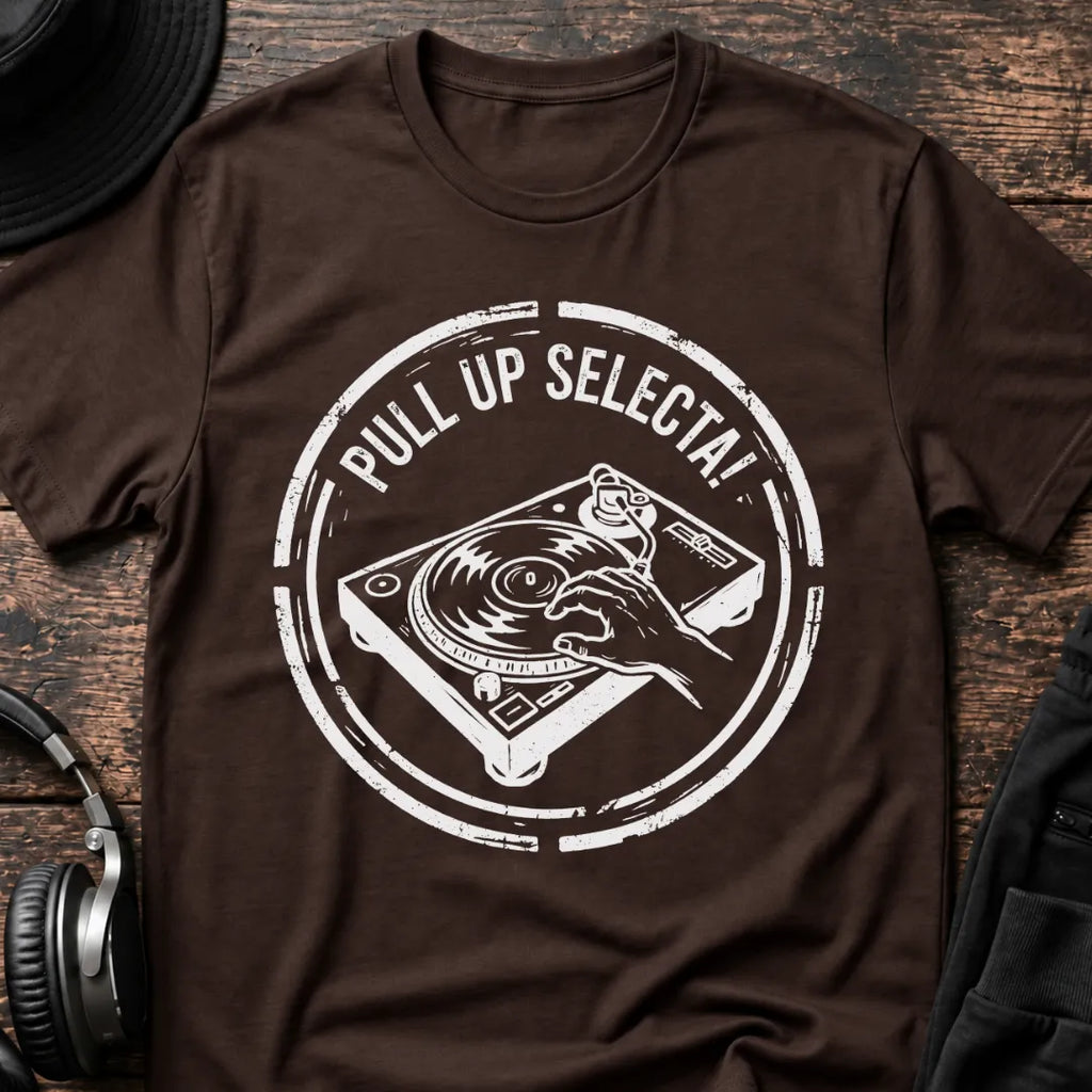 Pull Up Selecta DJ T-Shirt flat lay by QUASIKERN