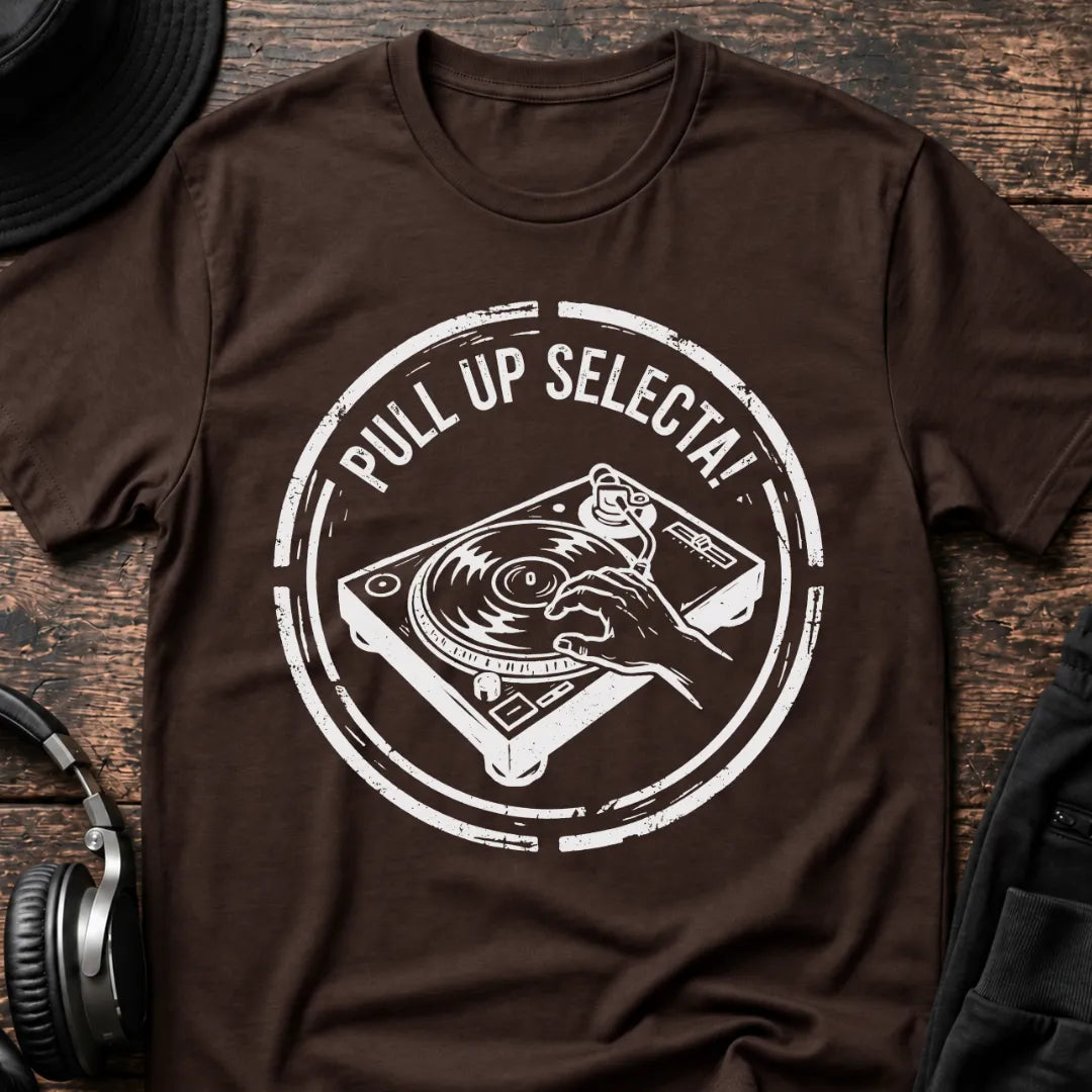 Pull Up Selecta DJ T-Shirt flat lay by QUASIKERN