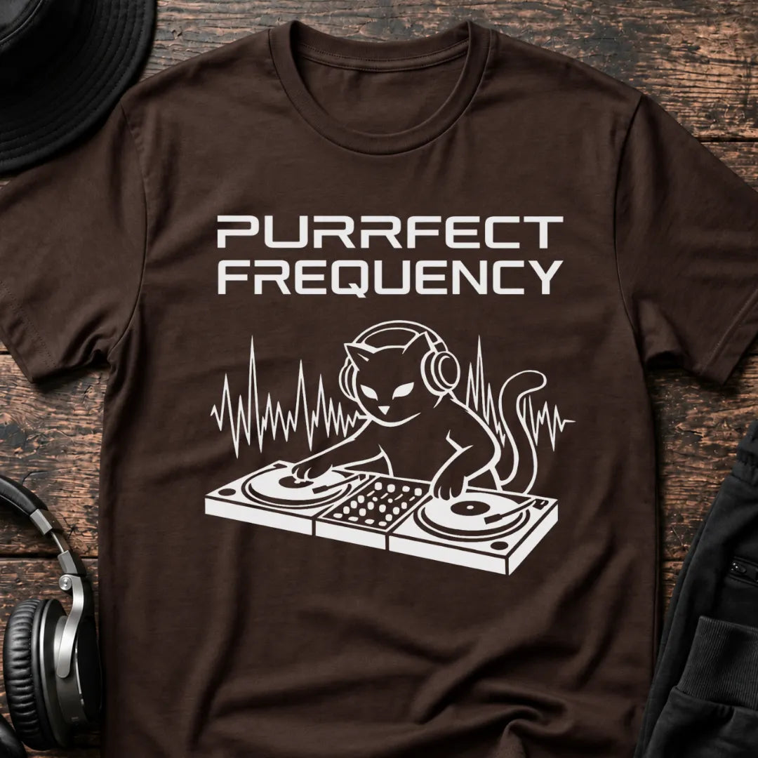 Purrfect Frequency Cat DJ T-Shirt flat lay by QUASIKERN