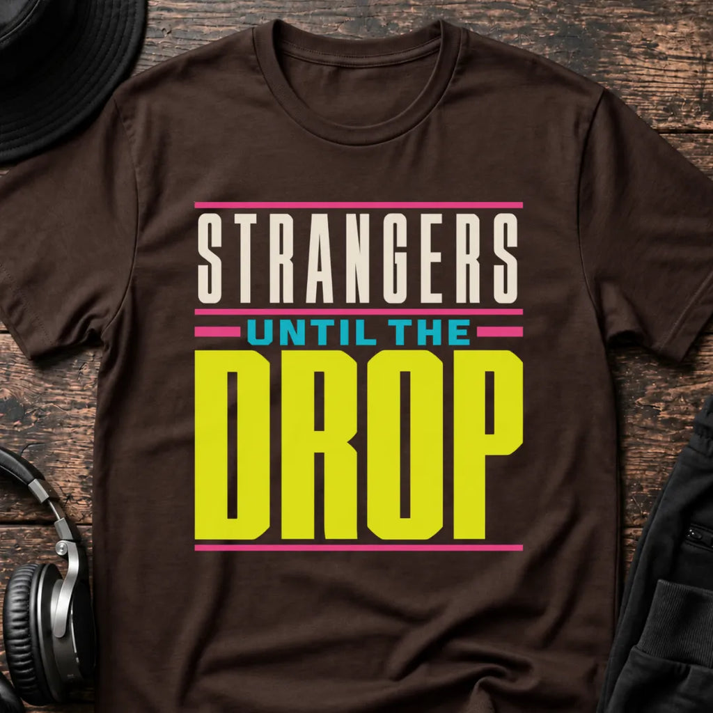 Strangers Until the Drop Rave T-Shirt flat lay by QUASIKERN