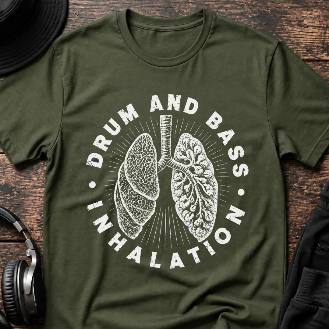 Drum & Bass Inhalation DnB T-Shirt flat lay by QUASIKERN