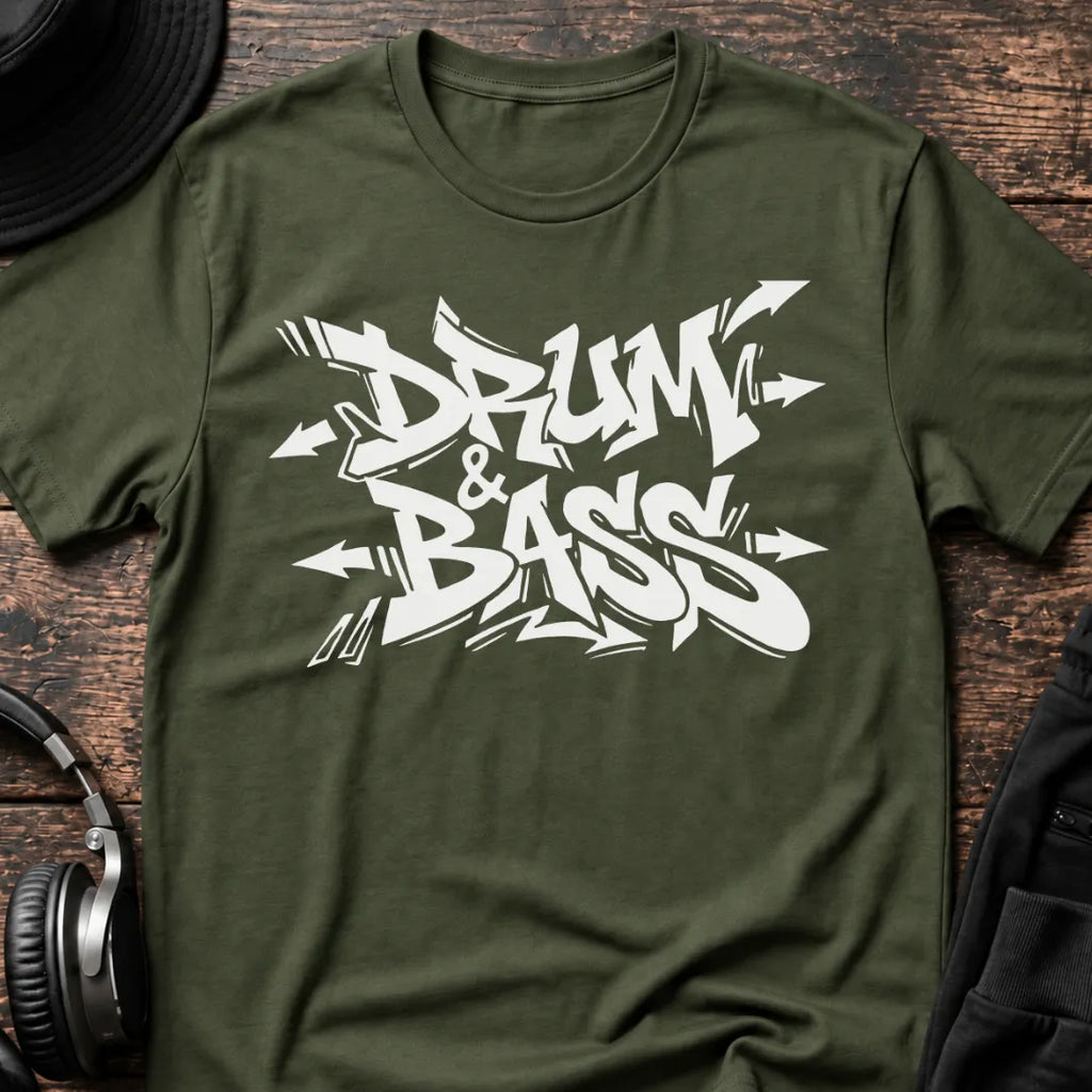 Drum & Bass Graffiti DnB T-Shirt flat lay by QUASIKERN