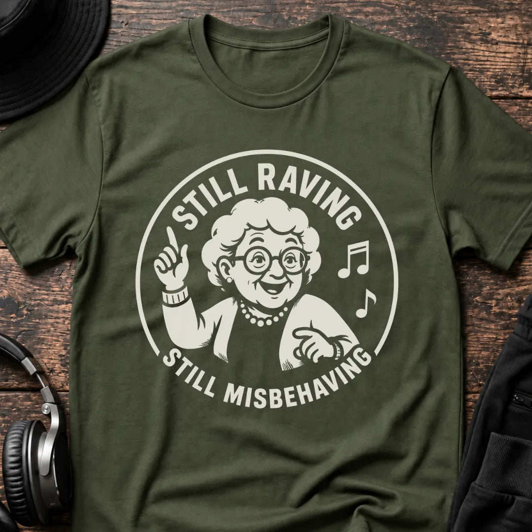 Granny Rave T-Shirt flat lay by QUASIKERN