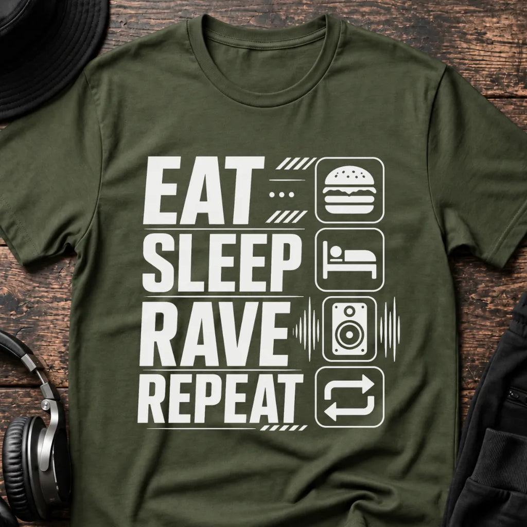 Eat Sleep Repeat Rave T-Shirt flat lay by QUASIKERN