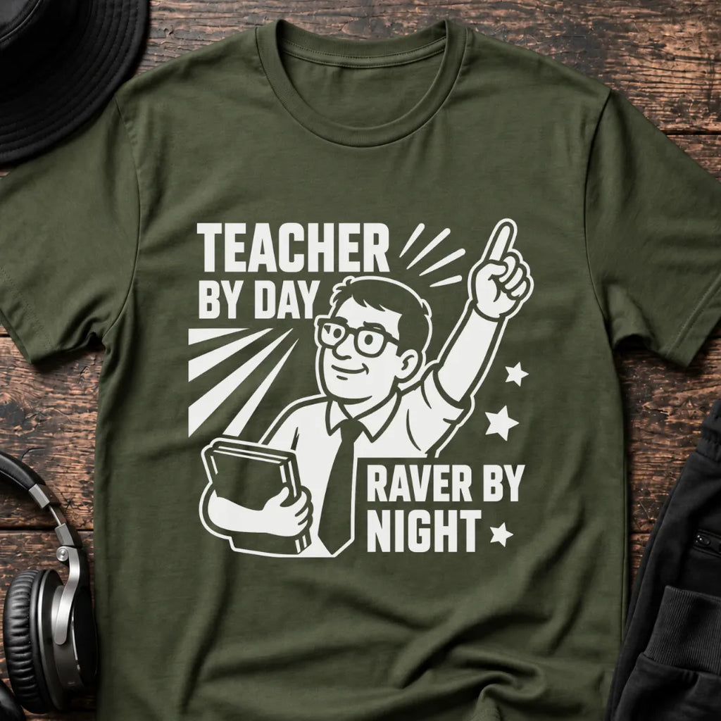 Teacher by Day Male Rave T-Shirt flat lay by QUASIKERN