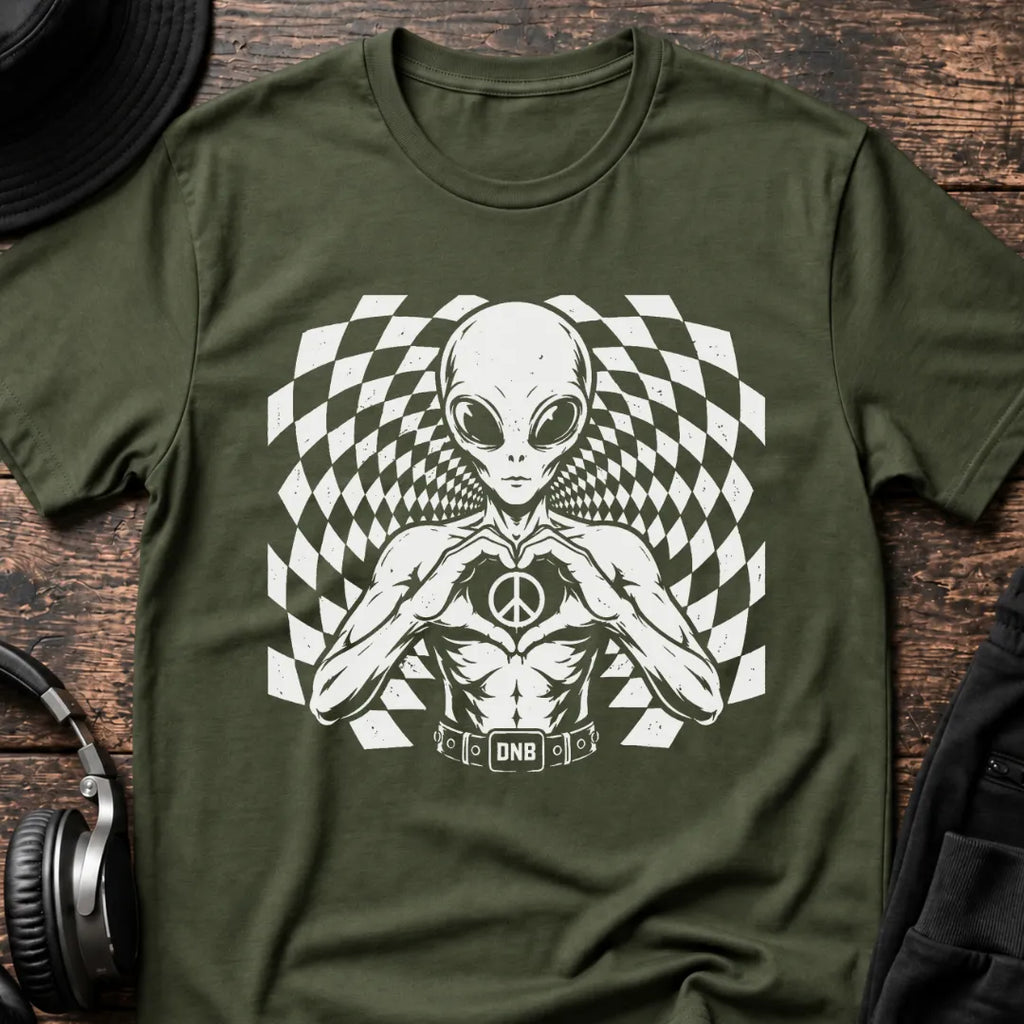 Alien Love Peace DnB T-Shirt flat lay by QUASIKERN