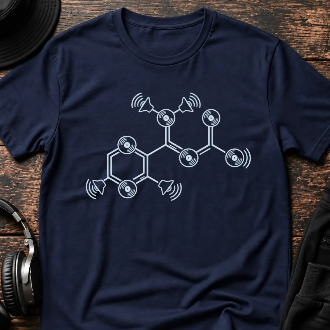 Bass Molecule DnB T-Shirt flat lay by QUASIKERN