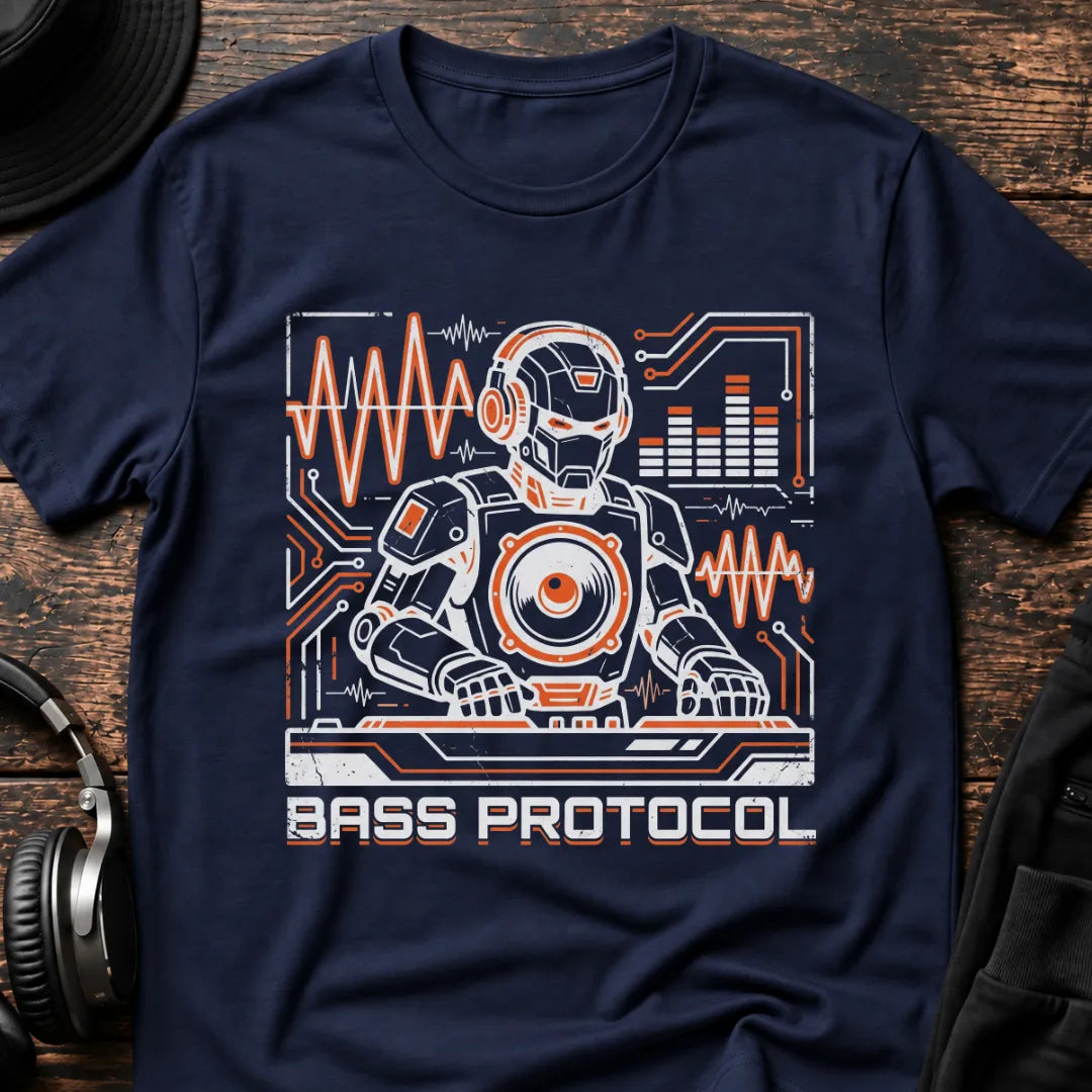 Bass Protocol DnB T-Shirt flat lay by QUASIKERN