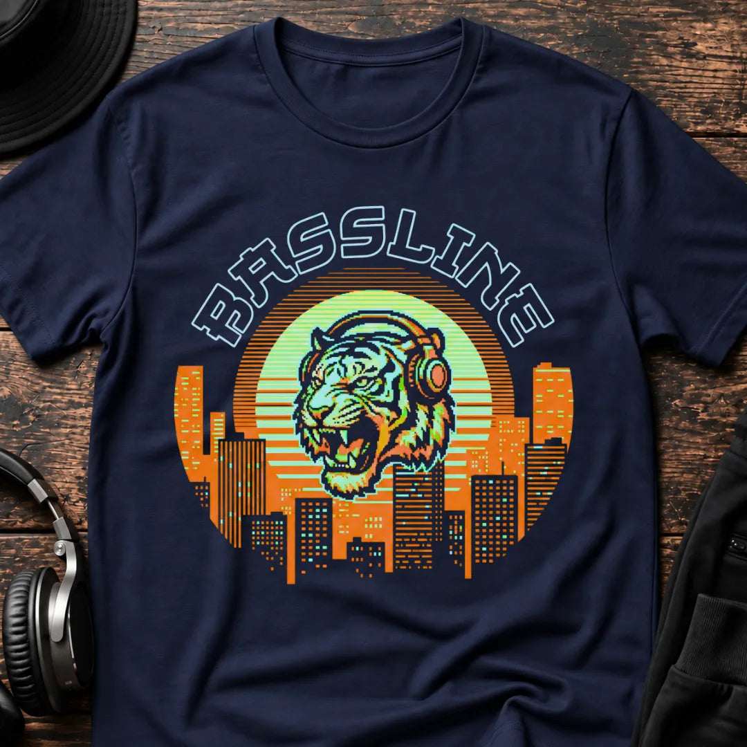 Bassline Tiger DnB T-Shirt flat lay by QUASIKERN