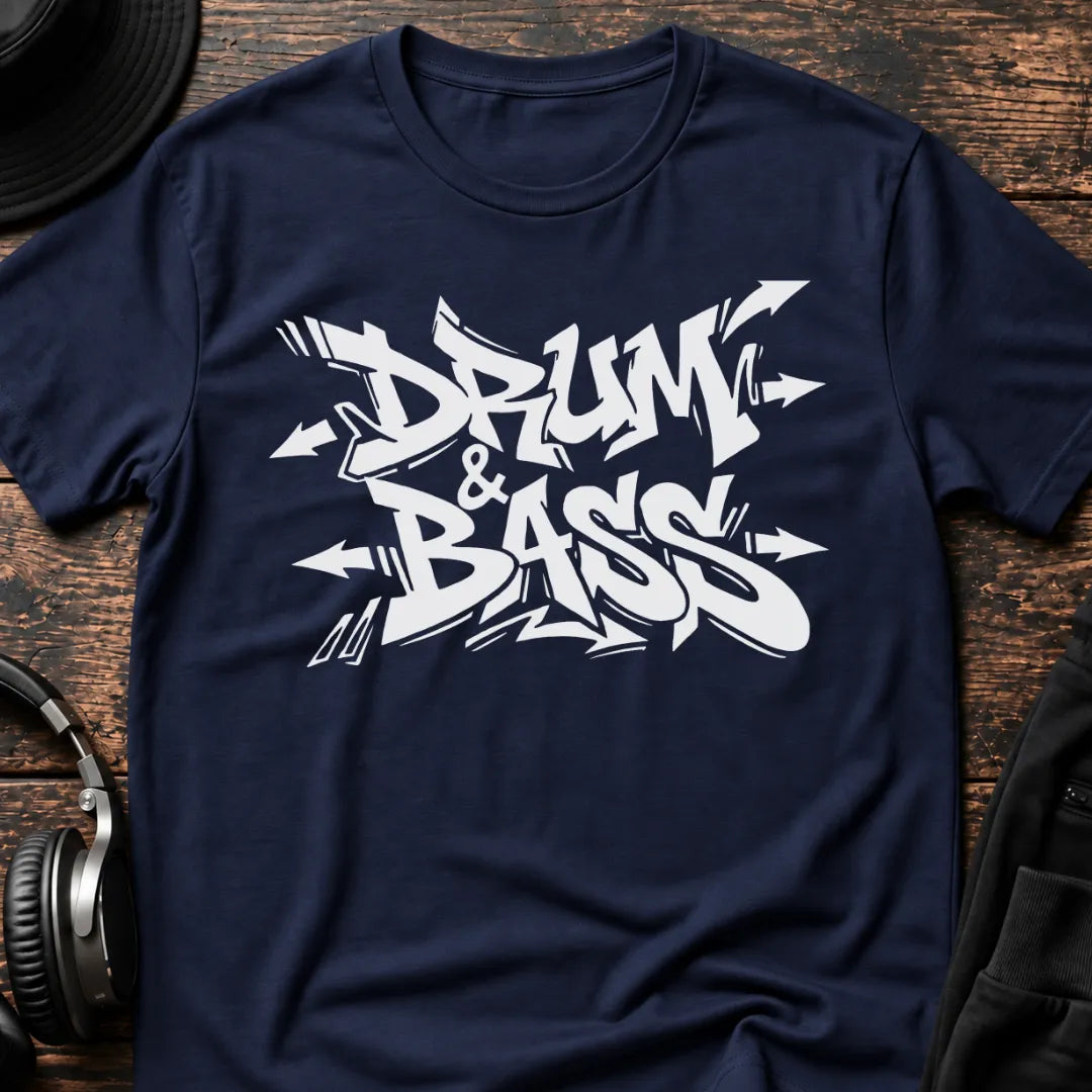 Drum & Bass Graffiti DnB T-Shirt flat lay by QUASIKERN