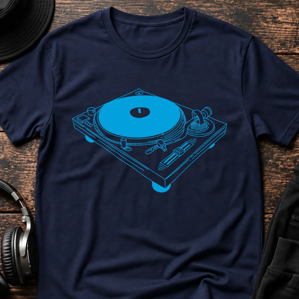 Turntable Blueprint DJ T-Shirt flat lay by QUASIKERN