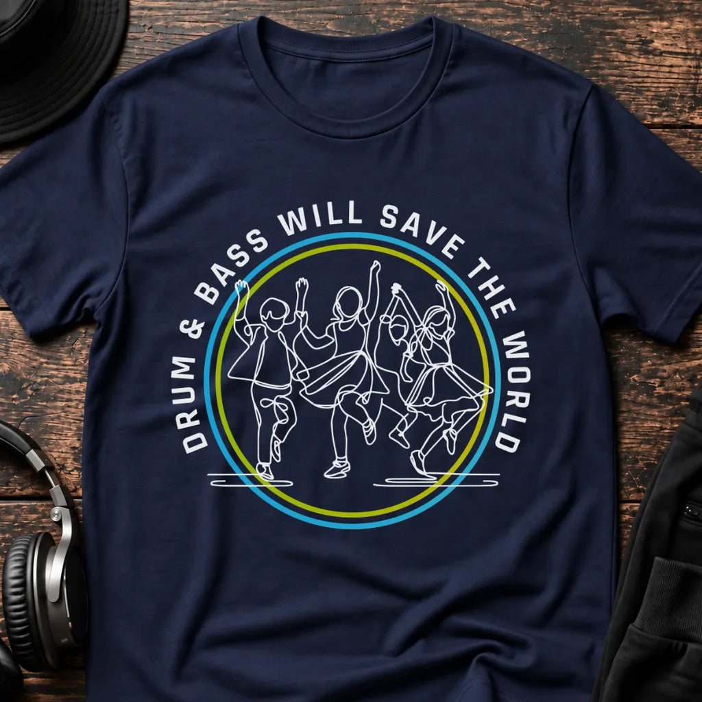 Save the World DnB T-Shirt flat lay by QUASIKERN