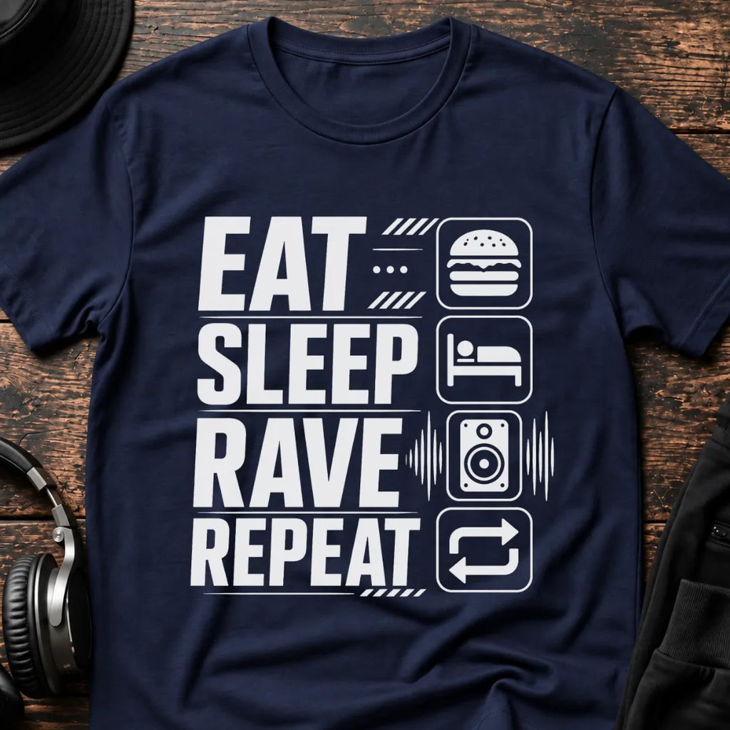 Eat Sleep Repeat Rave T-Shirt flat lay by QUASIKERN