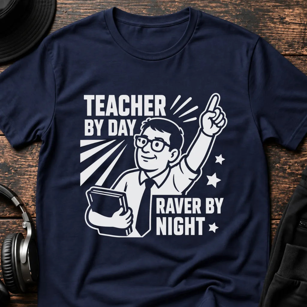 Teacher by Day Male Rave T-Shirt flat lay by QUASIKERN