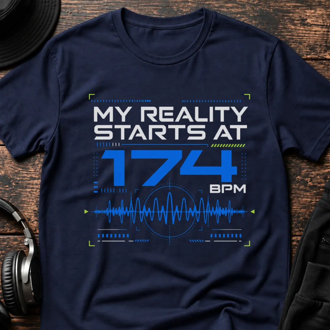 Reality Starts at 174BPM DnB T-Shirt flat lay by QUASIKERN