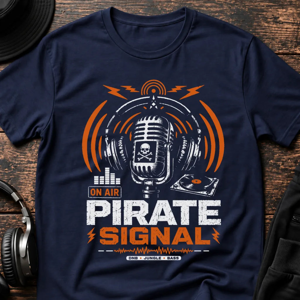 Pirate Signal DnB T-Shirt flat lay by QUASIKERN