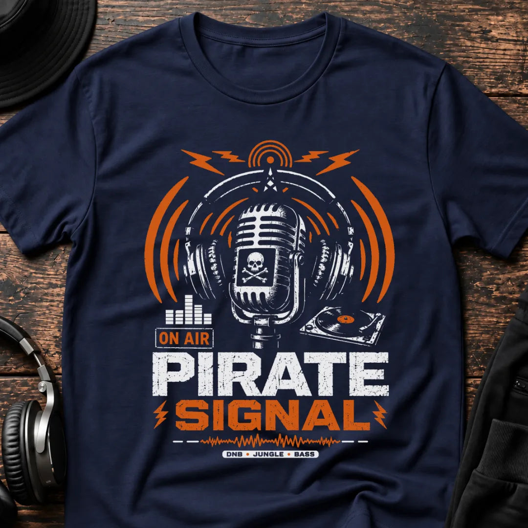 Pirate Signal DnB T-Shirt flat lay by QUASIKERN