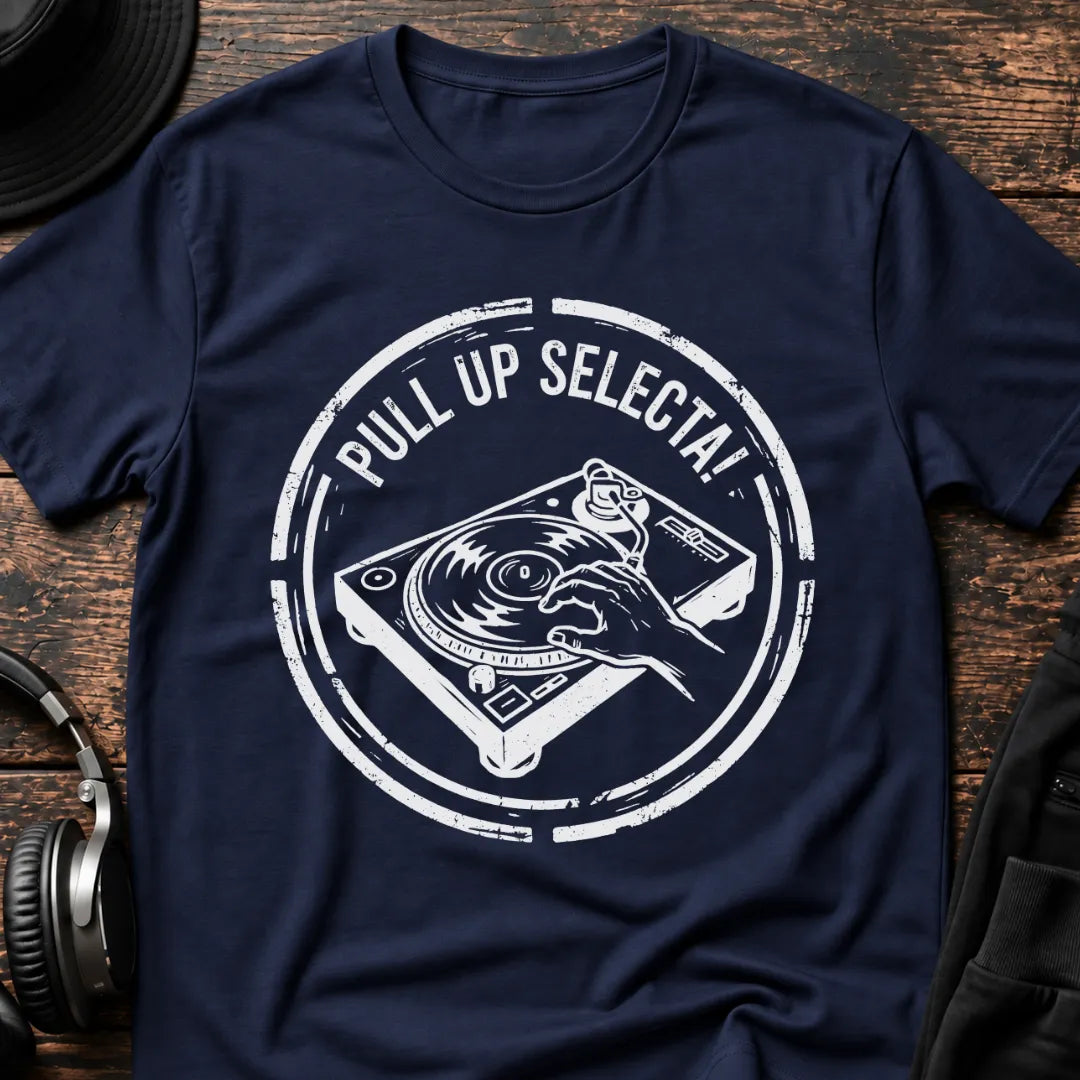 Pull Up Selecta DJ T-Shirt flat lay by QUASIKERN