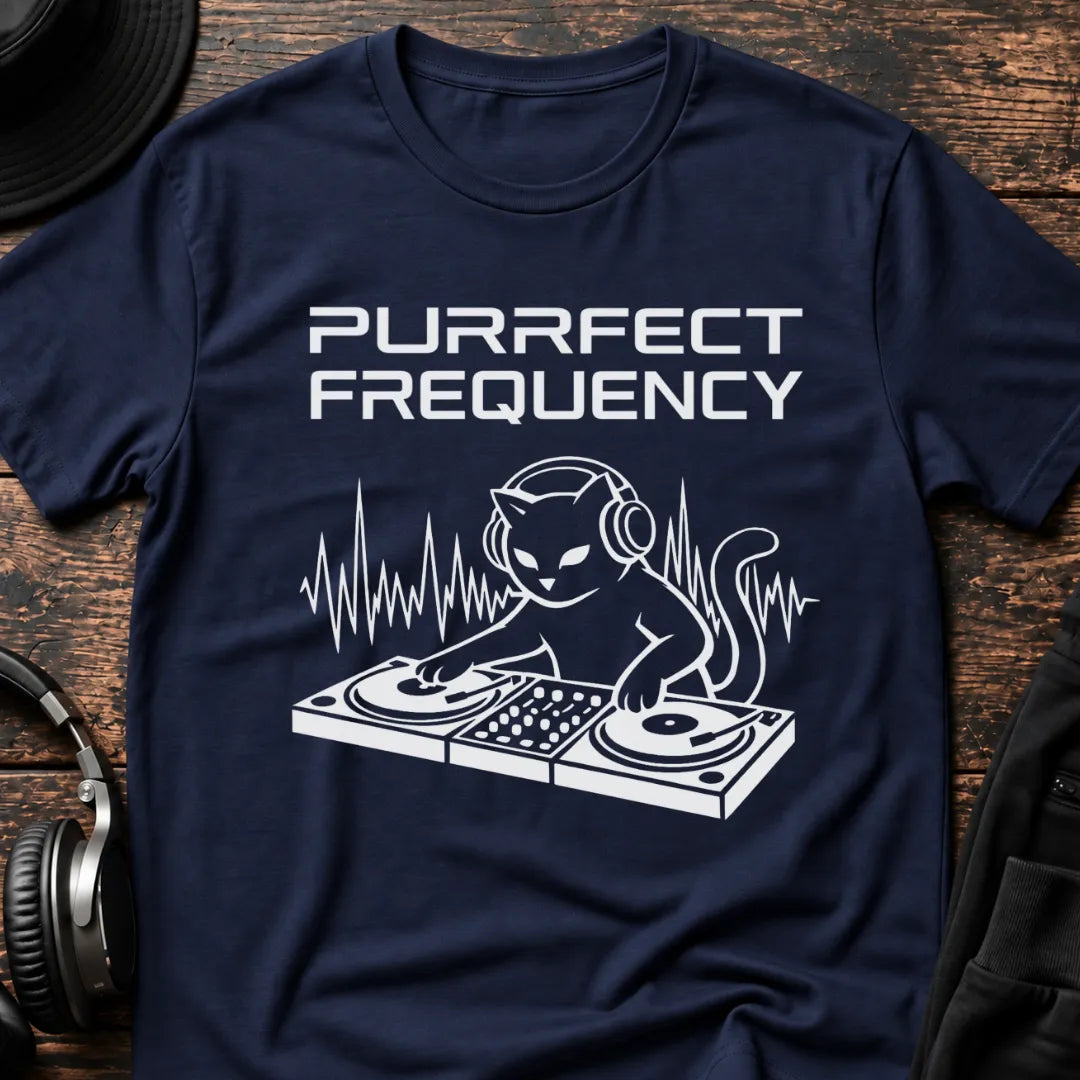 Purrfect Frequency Cat DJ T-Shirt flat lay by QUASIKERN