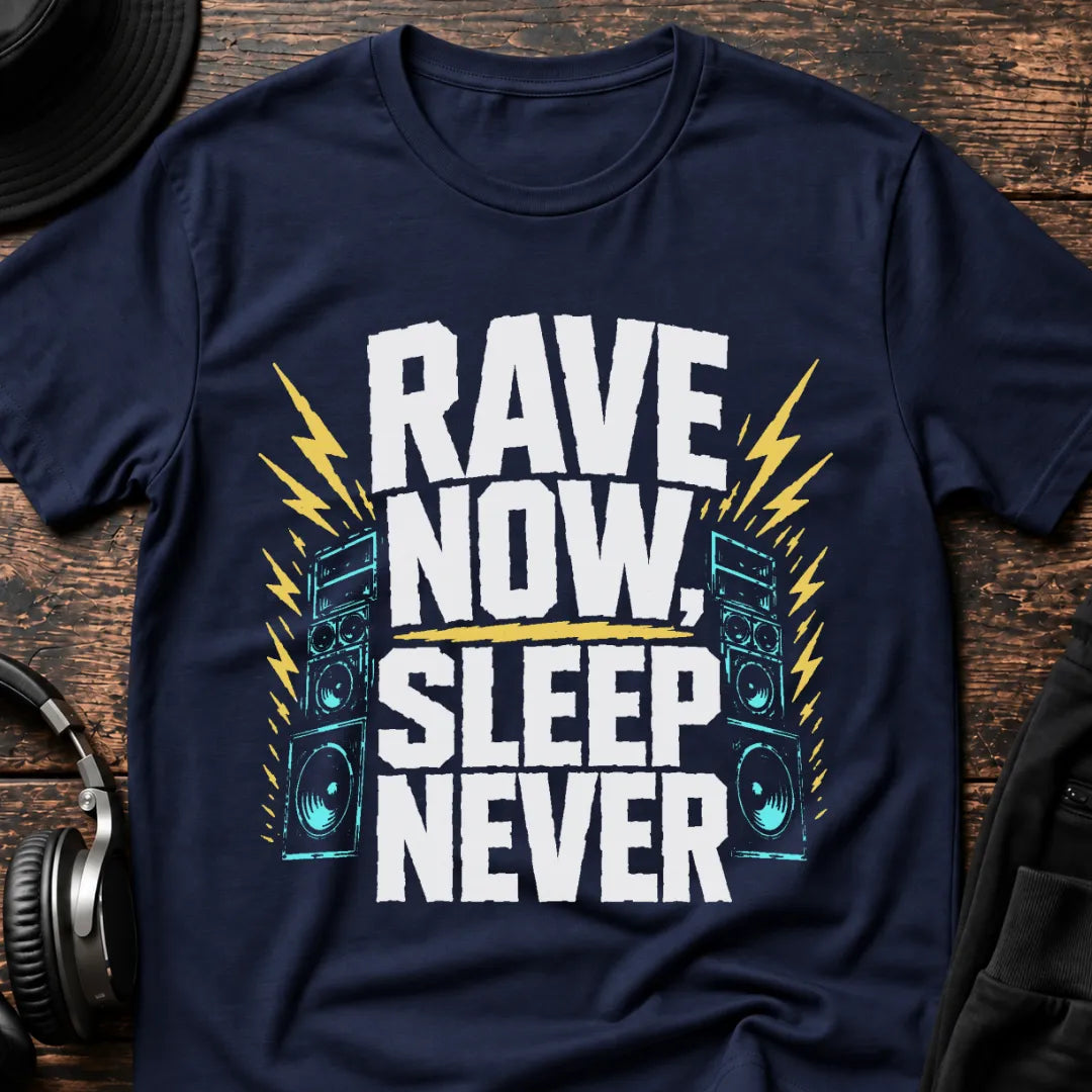 Sleep Never Rave T-Shirt flat lay by QUASIKERN