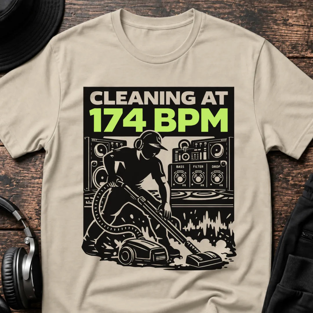 Cleaning at 174 BPM DnB T-Shirt flat lay by QUASIKERN