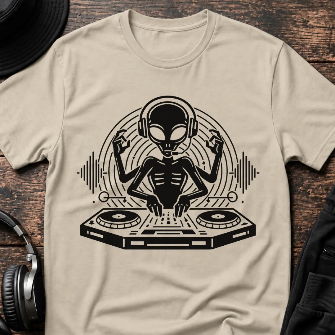 DJ Alien Rave T-Shirt flat lay by QUASIKERN