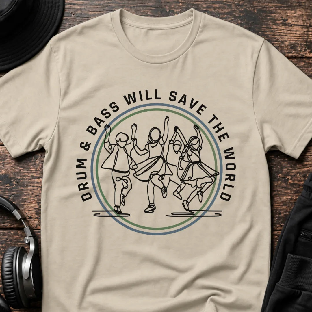 Save the World DnB T-Shirt flat lay by QUASIKERN