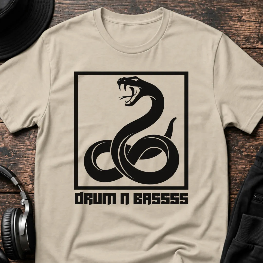 Drum N Bass Snake DnB T-Shirt flat lay by QUASIKERN