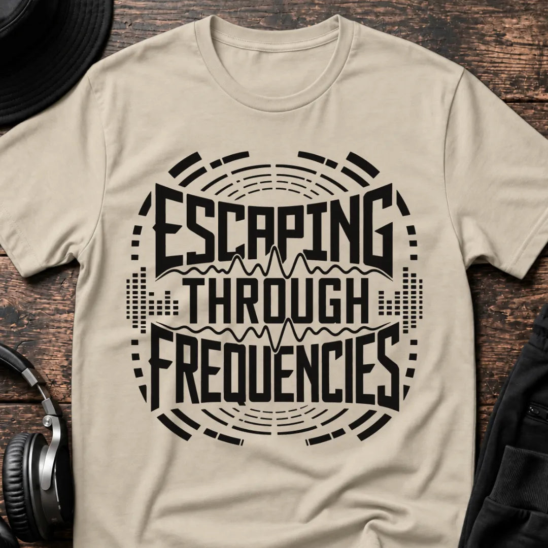 Escaping Through Frequencies Rave T-Shirt flat lay by QUASIKERN