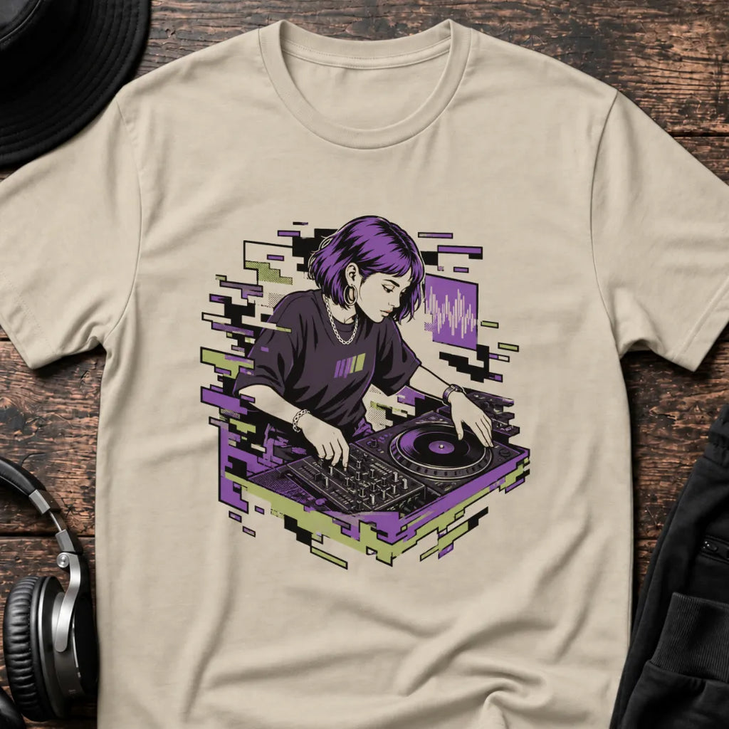 Glitch Selecta DJ T-Shirt flat lay by QUASIKERN