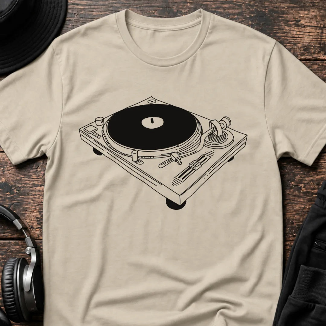 Turntable Blueprint DJ T-Shirt flat lay by QUASIKERN
