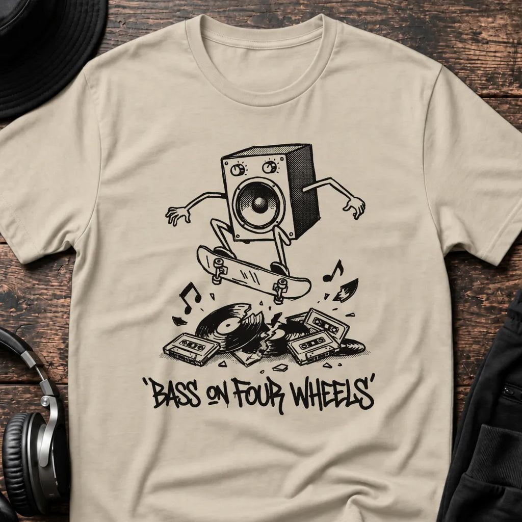Bass on Four Wheels Rave T-Shirt flat lay by QUASIKERN