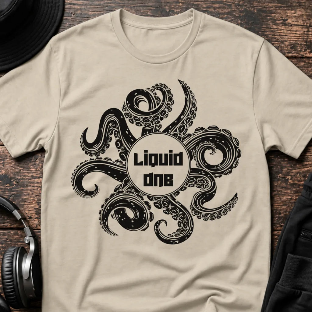 Octopus Liquid DnB T-Shirt flat lay by QUASIKERN