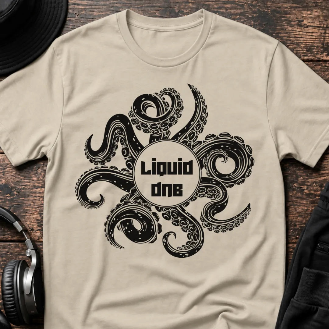 Octopus Liquid DnB T-Shirt flat lay by QUASIKERN