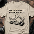 Purrfect Frequency Cat DJ T-Shirt flat lay by QUASIKERN