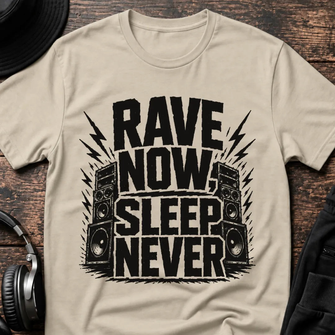 Sleep Never Rave T-Shirt flat lay by QUASIKERN