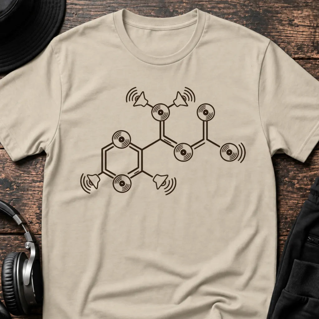 Bass Molecule DnB T-Shirt flat lay by QUASIKERN