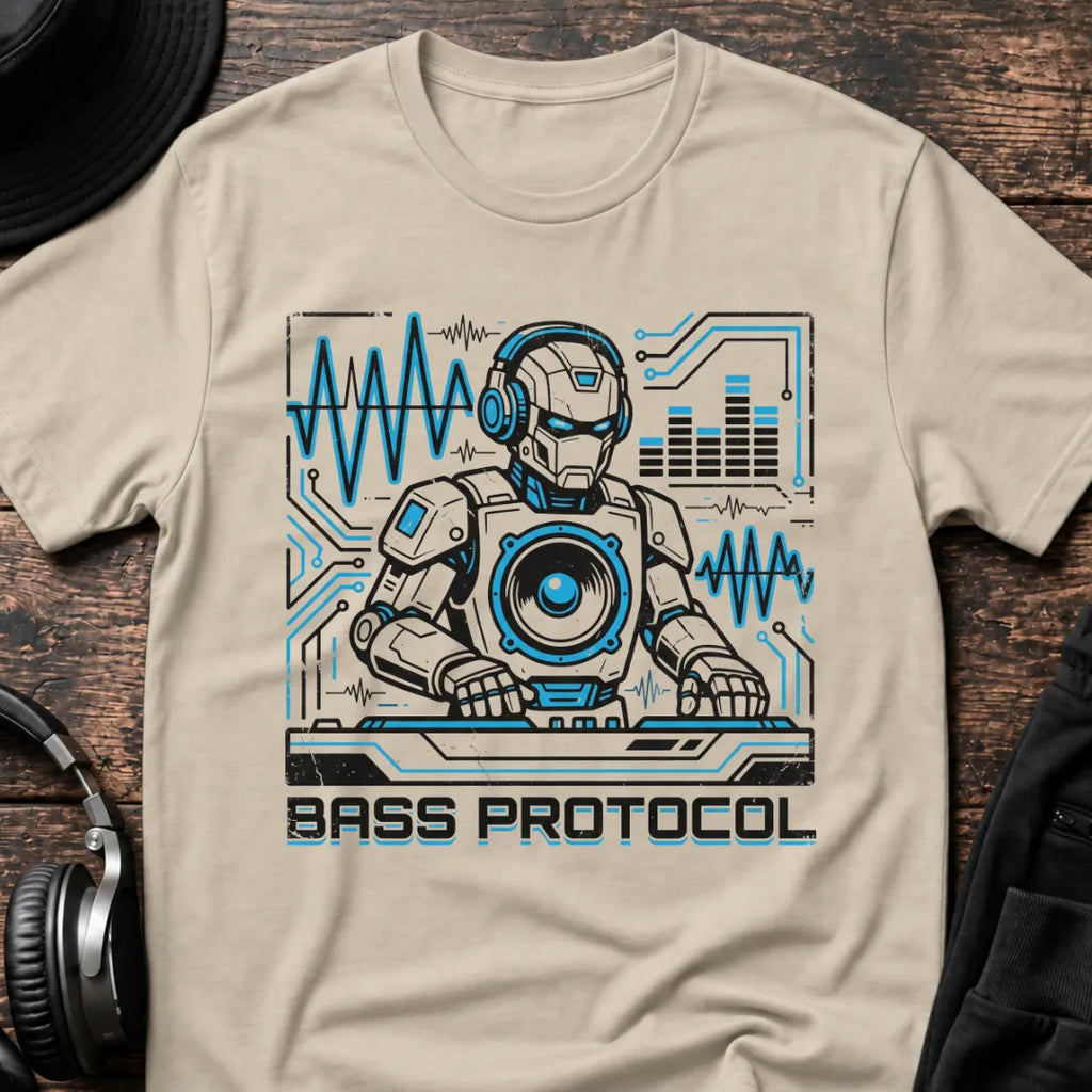 Bass Protocol DnB T-Shirt flat lay by QUASIKERN