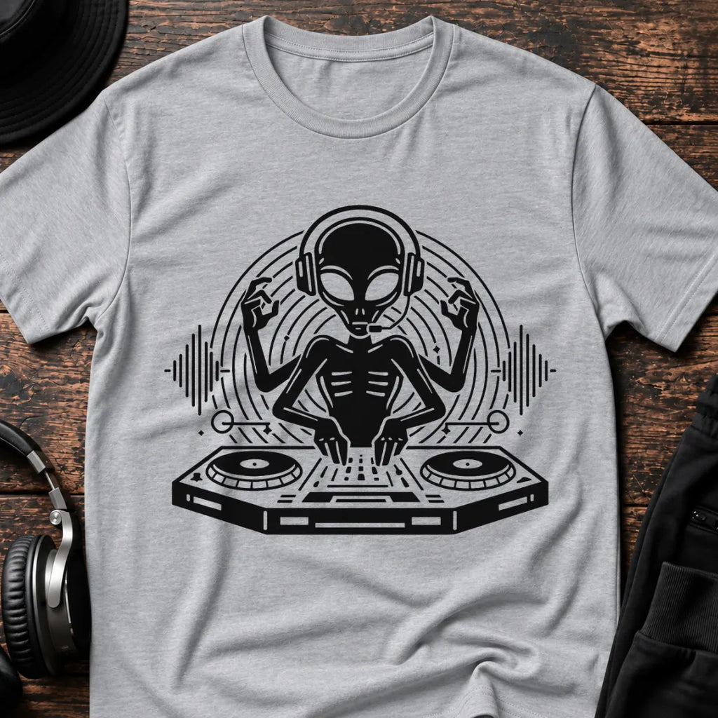 DJ Alien Rave T-Shirt flat lay by QUASIKERN
