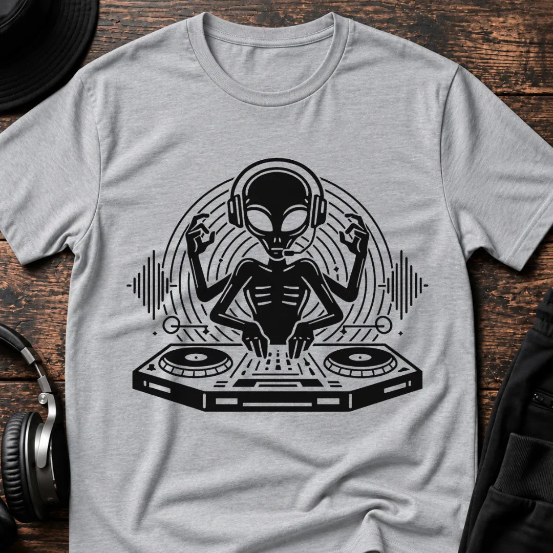 DJ Alien Rave T-Shirt flat lay by QUASIKERN