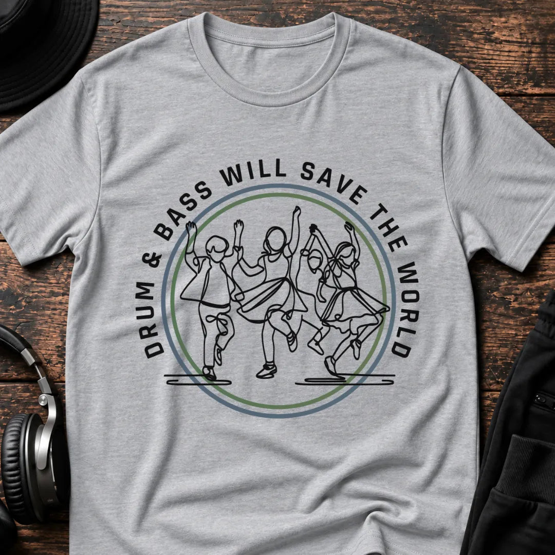 Save the World DnB T-Shirt flat lay by QUASIKERN