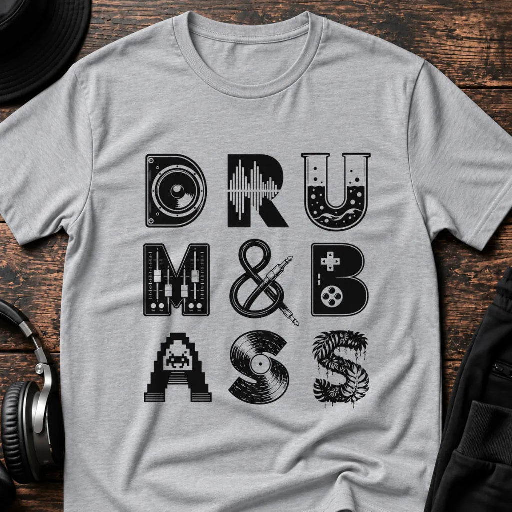 Drum & Bass Icons DnB T-Shirt flat lay by QUASIKERN