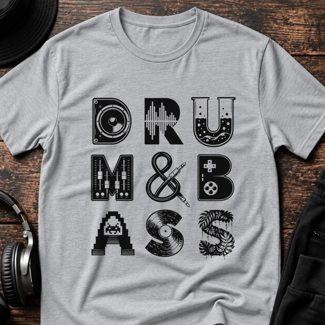 Drum & Bass Icons DnB T-Shirt flat lay by QUASIKERN