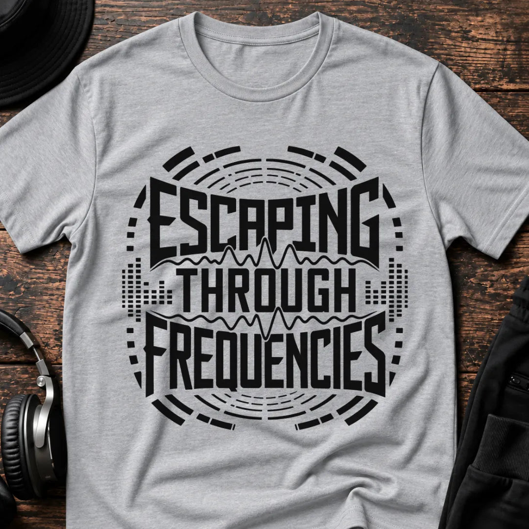 Escaping Through Frequencies Rave T-Shirt flat lay by QUASIKERN