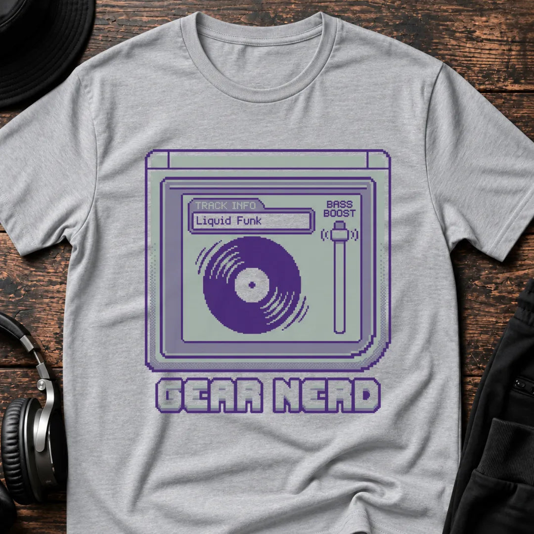Gear Nerd Liquid Funk DnB T-Shirt flat lay by QUASIKERN
