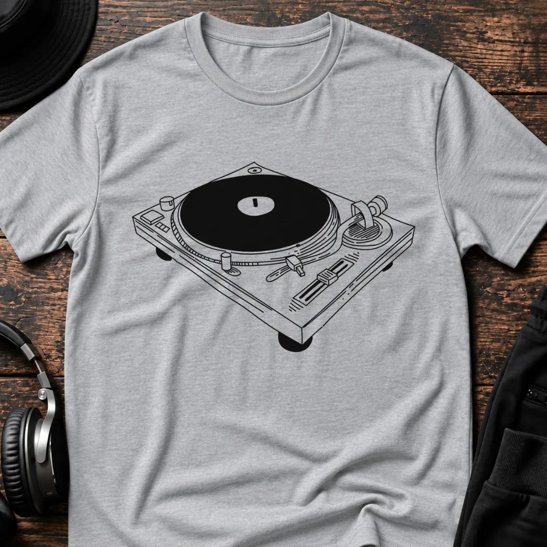 Turntable Blueprint DJ T-Shirt flat lay by QUASIKERN