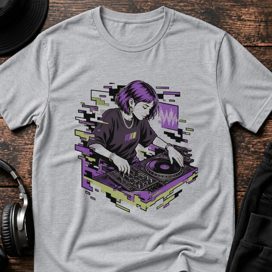 Glitch Selecta DJ T-Shirt flat lay by QUASIKERN