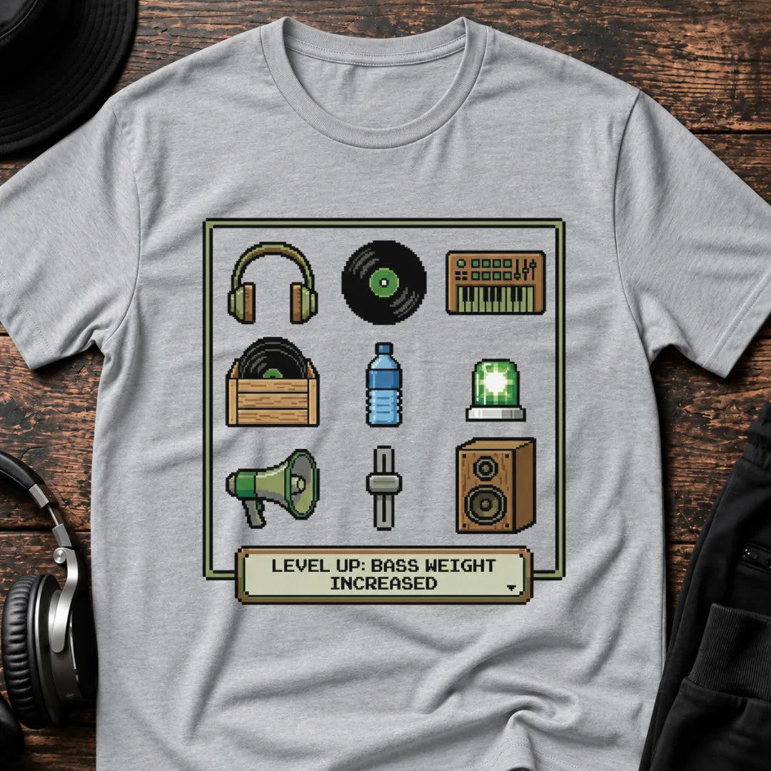 Level Up DnB T-Shirt flat lay by QUASIKERN
