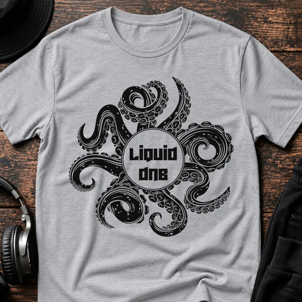 Octopus Liquid DnB T-Shirt flat lay by QUASIKERN